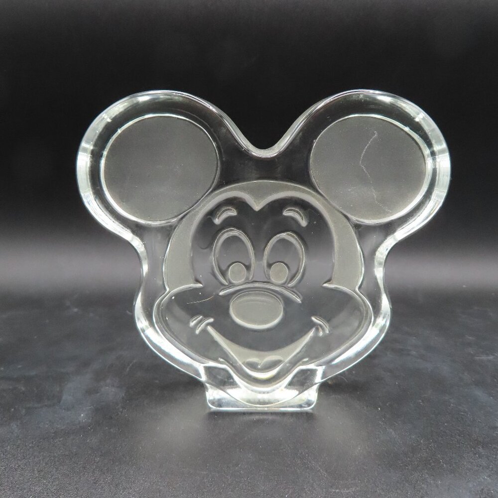 Vintage Disney Mickey Mouse Head Flat Clear Etched Glass Paperweight